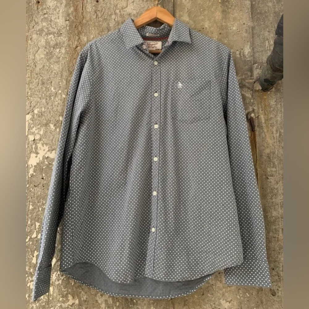 Original Penguin Shirt Large Polka Dot Gray Heritage Slim Fit Chambray